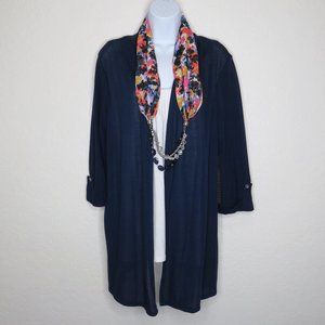 Always Indigo* Women's Long Tabbed Sleeve Boat Neck Scarf Cardigan/Blouse~ Large